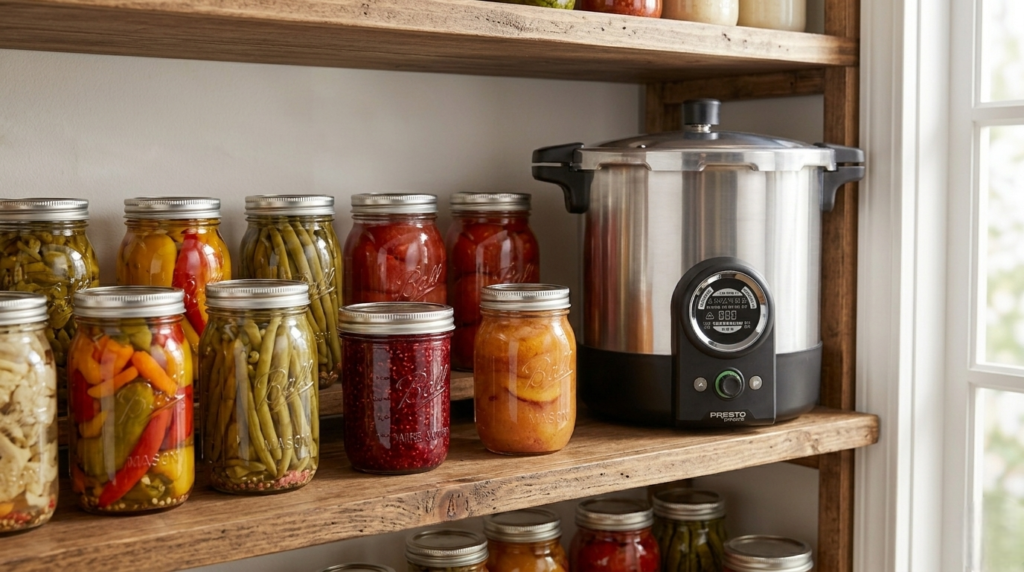 Canning jars filled with preserved vegetables and jams on a pantry shelf