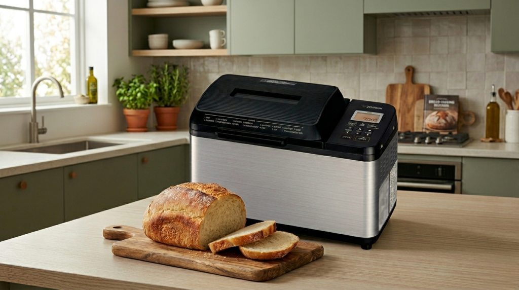 Freshly baked horizontal loaf produced by the Zojirushi BB-PDC20BA Virtuoso Plus, sliced on a wooden cutting board