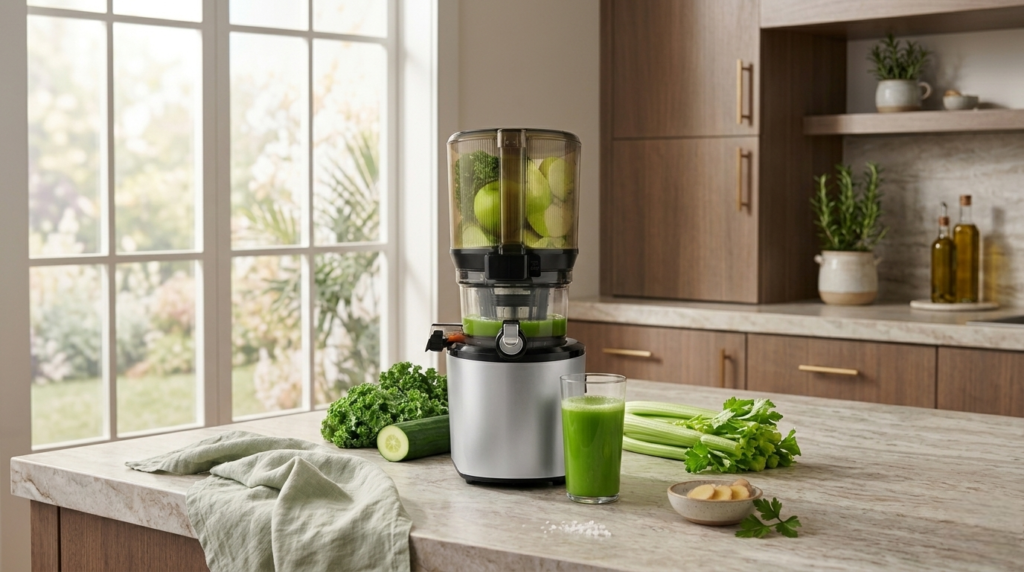 Fresh cold-pressed green juice in a glass next to the Kuvings AUTO10 silver juicer machine 