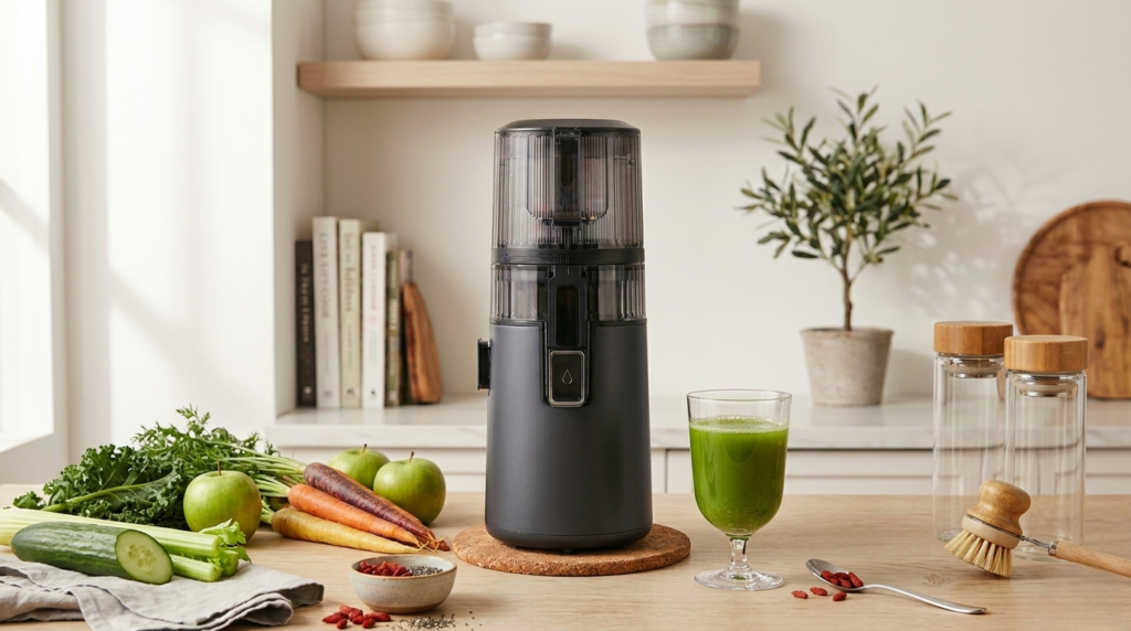 Fresh green juice in a glass next to the Hurom H70 juicer with fruits and vegetables