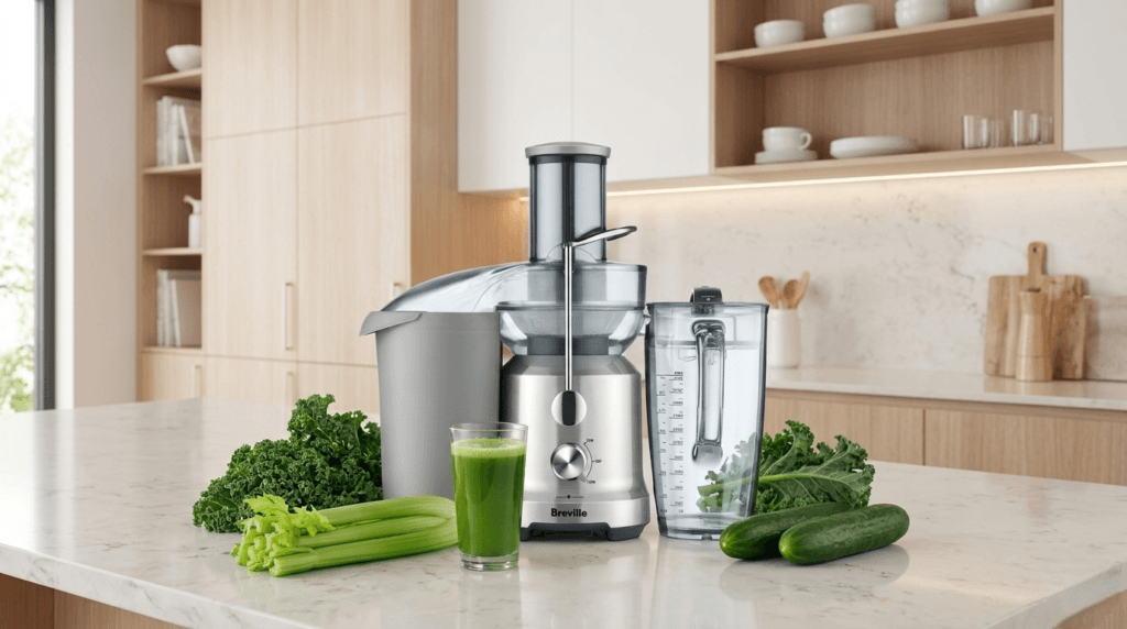 Glass of fresh green juice next to the Breville BJE430SIL with whole vegetables nearby.