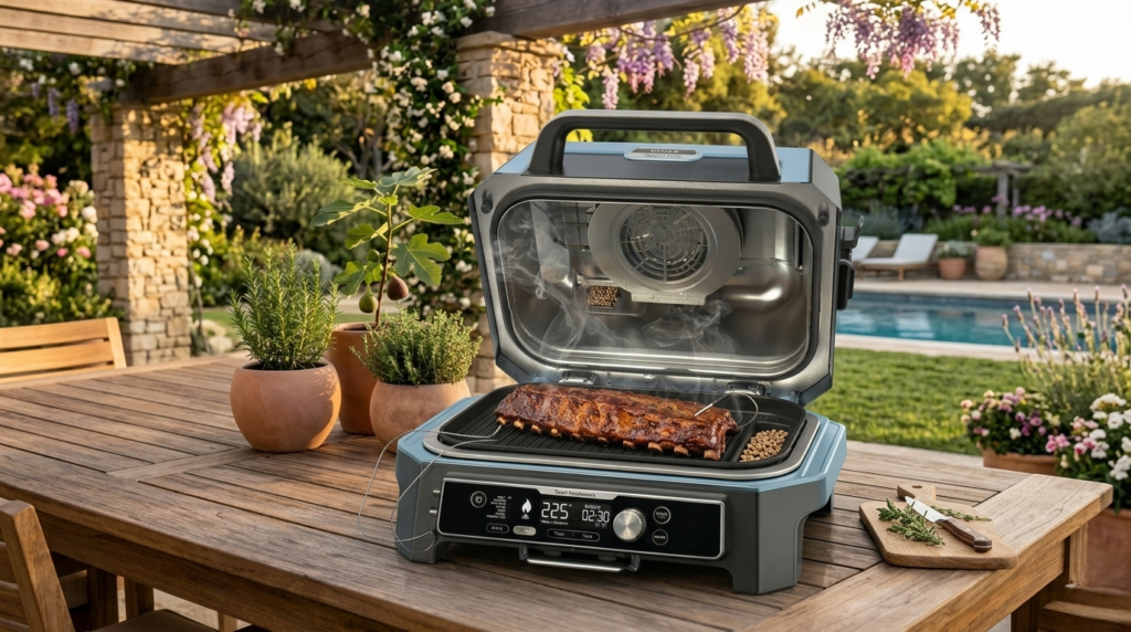 Ninja OG951 Woodfire Pro Connect XL smoking ribs outdoors