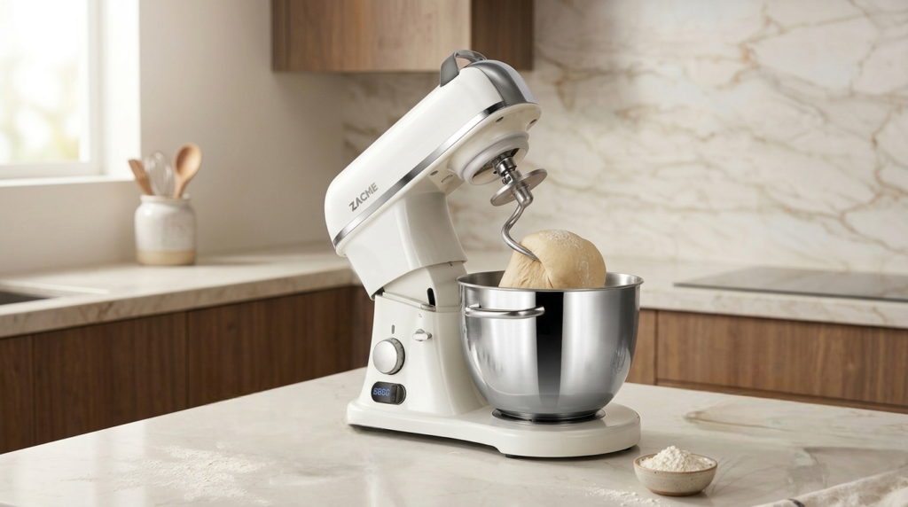 ZACME 8.4QT commercial stand mixer kneading bread dough.