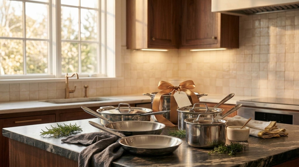 All-Clad D3 cookware set displayed as a gift with kitchen décor in the background