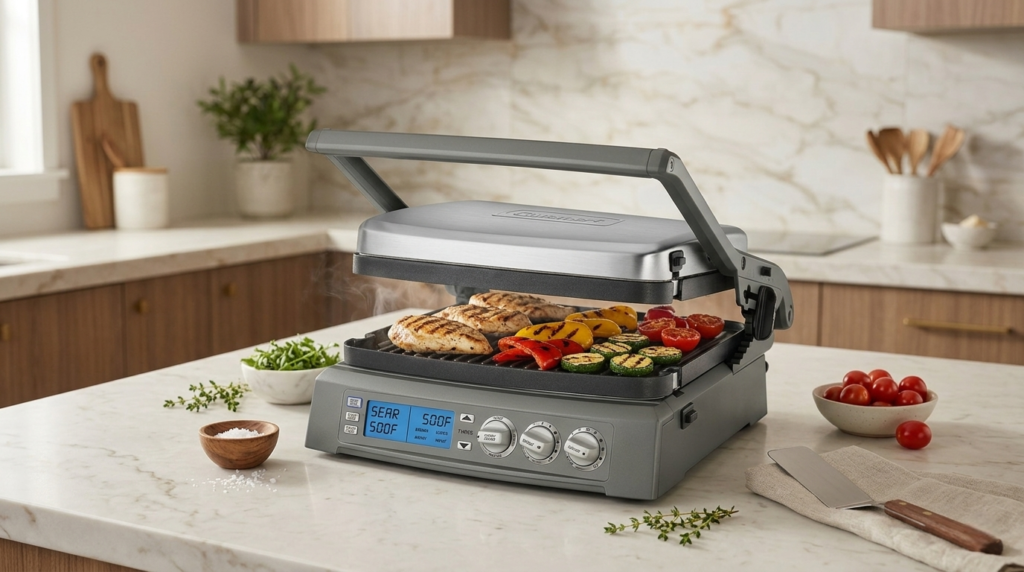 Perfectly seared chicken and grilled vegetables on the Cuisinart Elite Griddler cooking surface