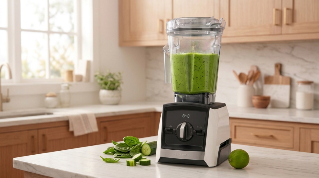 Vitamix A2300 blending a green smoothie in a bright kitchen