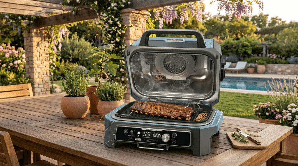 Ninja OG951 Woodfire Pro Connect XL smoking ribs outdoors.