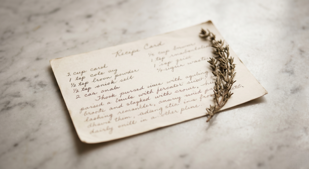 Taste and nostalgia food culture — handwritten recipe card with dried herb sprig on marble, faded ink, ivory and warm brown tones