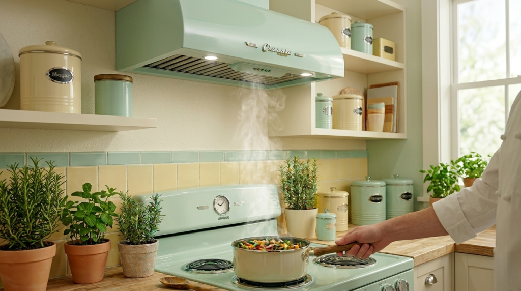 Cook using a retro range hood over stove with clear visibility thanks to LED lighting 