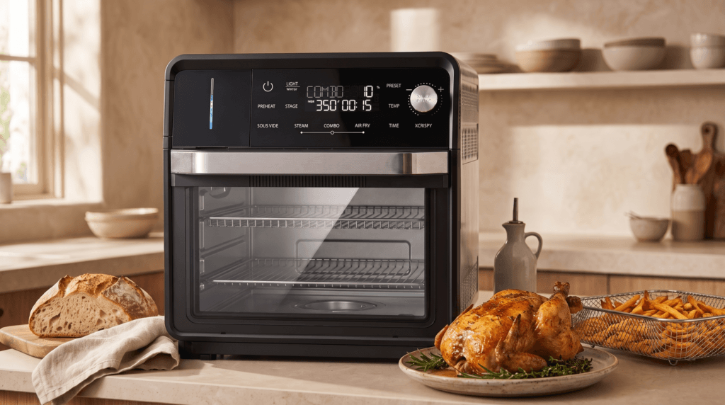 a golden whole chicken, crispy fries, or freshly baked bread, ideally from inside or directly beside the oven