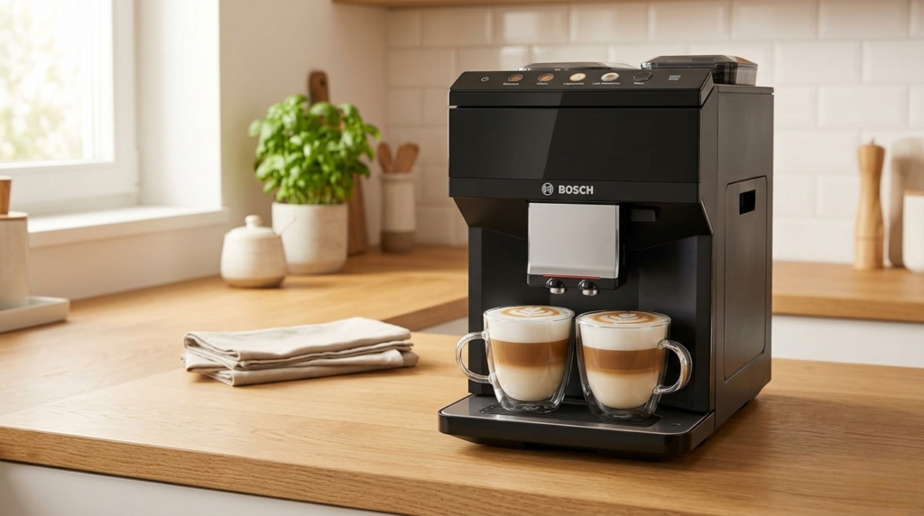 Bosch VeroCafe espresso machine in a modern kitchen setting with two freshly brewed cappuccinos on the counter