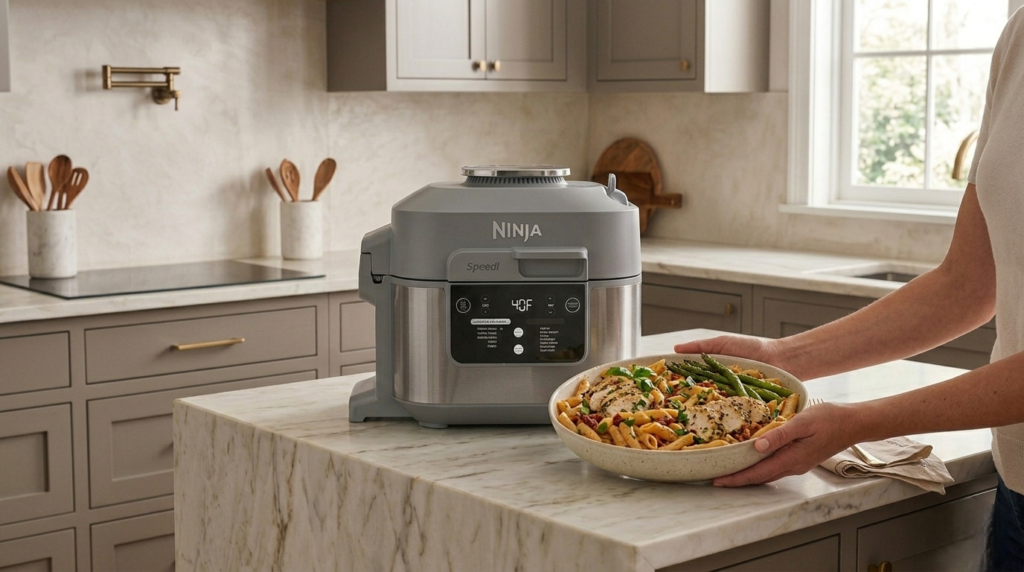 One-pot chicken and pasta meal cooked in the Ninja SF301 Speedi in under 15 minutes