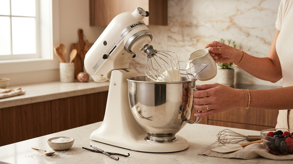 KitchenAid Artisan mixer in use whipping cream in a bright home kitchen