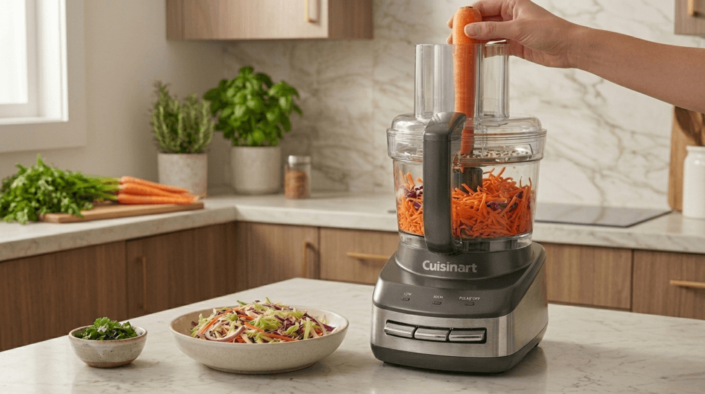 Cuisinart FP-110AG shredding carrots with reversible disc, bowl filled with fresh vegetables
