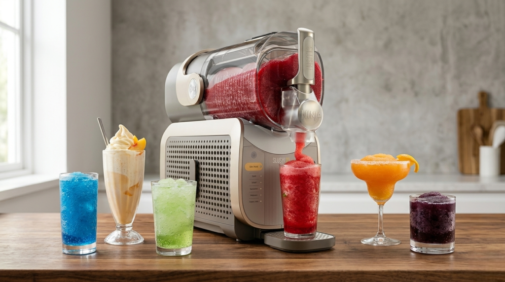 Glasses of colorful sodas poured from the machine