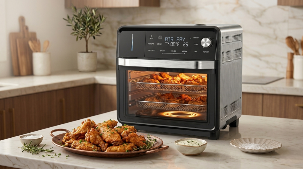 Crispy golden chicken wings cooked in Nuwave Combi Steam Oven air fry mode on a serving platter