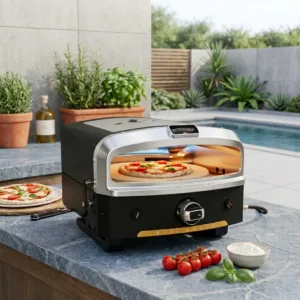 HALO Versa 16 propane pizza oven in outdoor backyard setting
