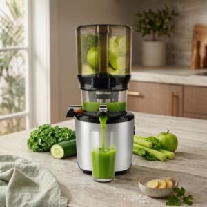 Kuvings AUTO10 cold press juicer in silver on a modern kitchen counter, producing fresh green juice hands-free