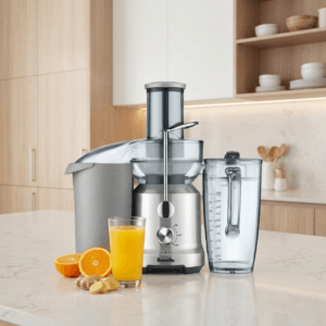 Breville BJE430SIL Juice Fountain Cold juicer on a modern kitchen countertop with fresh produce.