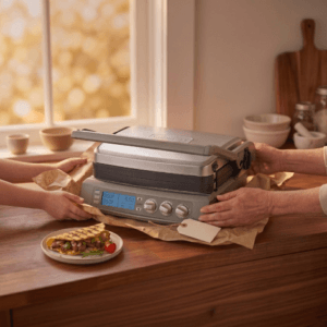 A close-up photograph capturing the moment a Cuisinart 6-in-1 Elite Griddler is unwrapped from a brown paper parcel, with two pairs of hands holding the sides and a small, blank gift tag resting on the countertop next to a finished meal.