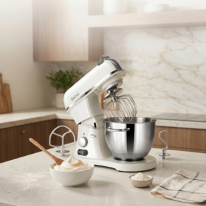 ZACME 8.4QT commercial stand mixer with stainless steel bowl on prep counter.