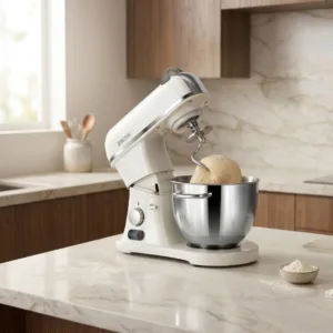 ZACME 8.4QT commercial stand mixer with stainless steel bowl on prep counter.