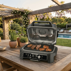 Ninja OG951 Woodfire Pro Connect XL outdoor grill and smoker on backyard patio.