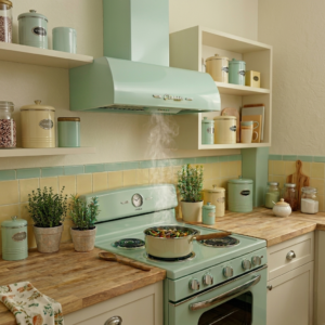 Unique Appliances Classic Retro Range Hood in Summer Mint Green installed above a stove in a vintage-style kitchen