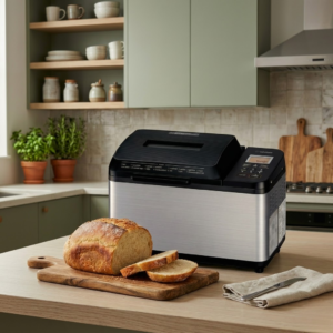 Zojirushi BB-PDC20BA Virtuoso Plus breadmaker on a kitchen countertop next to a sliced loaf of bread