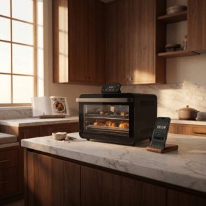 CHEF iQ MiniOven Smart Toaster Oven in matte black on a family kitchen counter, touchscreen panel angled toward viewer