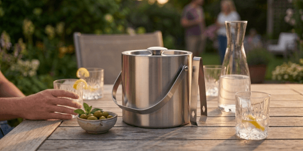 ChefBee stainless steel insulated ice bucket with lid and tongs on a kitchen counter