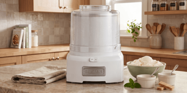 Clean product shot of the Cuisinart ICE-21P1, white finish, on a kitchen countertop