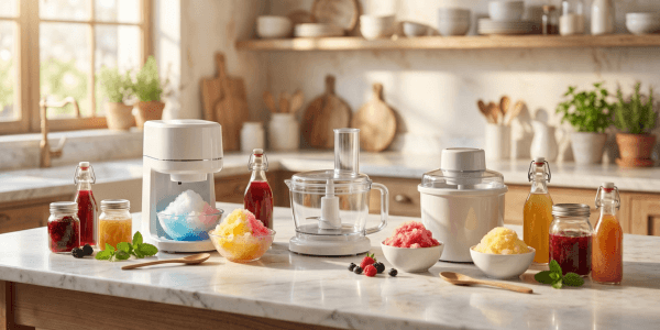 Wide editorial-style scene featuring a refreshing home ice treat setup on a white marble kitchen countertop. Several generic, unbranded countertop appliances are arranged alongside bowls of shaved ice and frozen treats. Warm summer afternoon sunlight streams through a side window, creating a soft, inviting atmosphere with a gently blurred kitchen background.