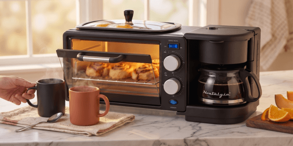 Black Nostalgia 3-in-1 Retro Breakfast Station on a light-colored wooden countertop, morning light, coffee maker and oven visible