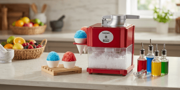 Cuisinart SCM-10P1 red snow cone maker on kitchen counter