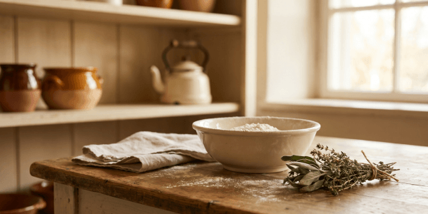 Nostalgic heritage kitchen still life with a flour-dusted ceramic bowl, folded linen cloth, and dried herb sprigs on a worn wooden surface, softly illuminated by diffused morning light. Vintage shelves and rustic cookware blur gently in the background, creating a warm, timeless atmosphere.