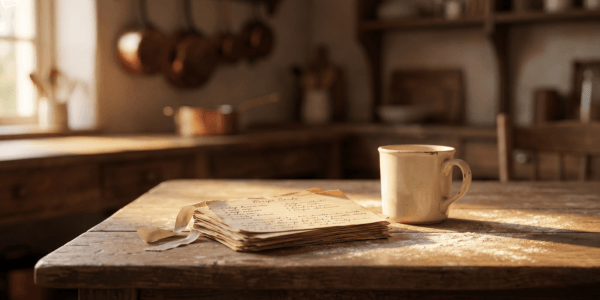 Warm farmhouse kitchen still life with handwritten family recipe cards on a worn wooden table, illuminated by soft golden morning light. A vintage ceramic mug and scattered flour add nostalgic charm, while the softly blurred kitchen background creates a cozy editorial atmosphere.