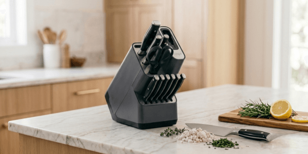 Ninja Foodi NeverDull knife block set with built-in sharpener on a kitchen counter