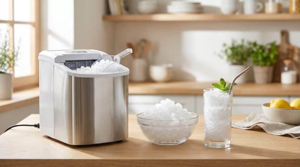 Close-up of a compact countertop ice machine beside a bowl of soft crushed ice pellets and a tall layered iced drink on a light wooden kitchen countertop. Bright natural daylight creates a fresh, airy atmosphere, with generic unbranded kitchen props arranged in an editorial photography style.