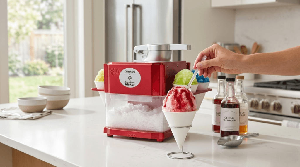 Snow cone with colored syrup made using the Cuisinart SCM-10P1 shaved ice maker