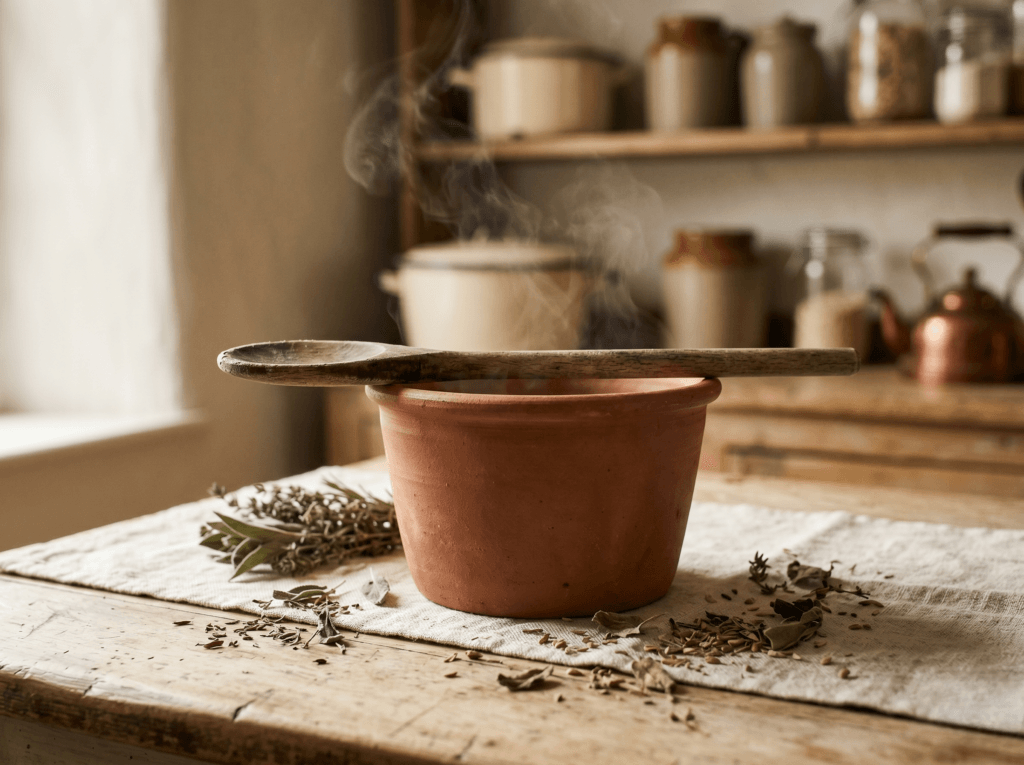 Close-up of a worn wooden spoon resting on a deep terracotta pot atop a light wooden surface with a linen runner. Gentle steam rises from the pot while dried herbs are scattered nearby, all illuminated by soft daylight against a softly blurred background.
