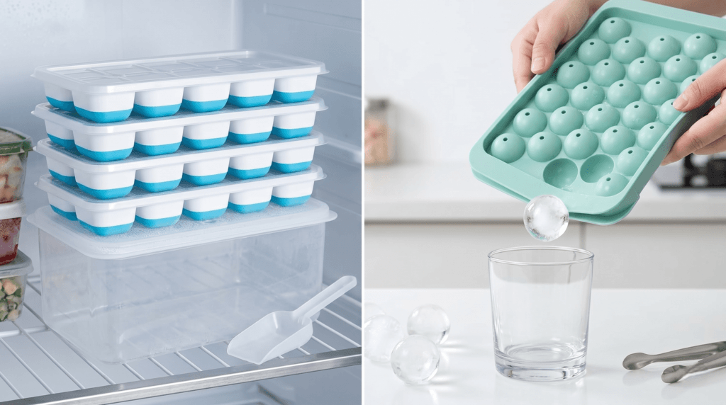 ide-by-side view of a stacked ice cube tray set with a storage bin and scoop in a freezer, next to a mint green round ice ball maker mold releasing a sphere ice cube into a glass.