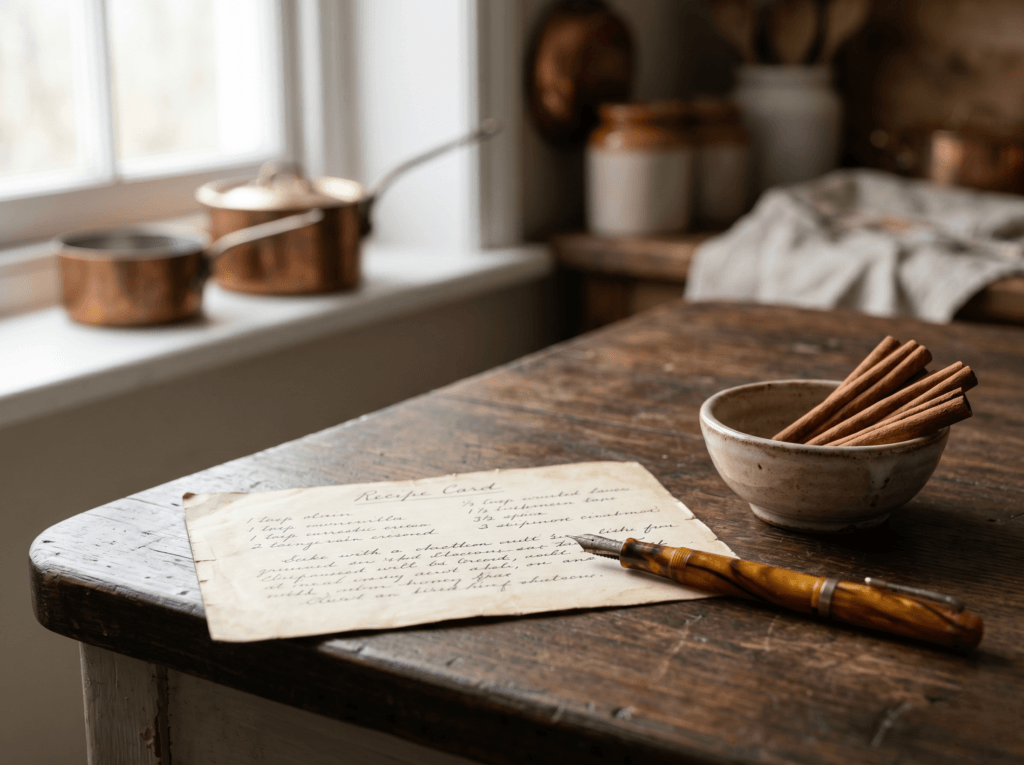 Close-up of a weathered handwritten recipe card on a worn wooden surface, accompanied by a vintage fountain pen and a small bowl of cinnamon sticks. Soft natural window light and a blurred background create a warm, nostalgic editorial atmosphere.