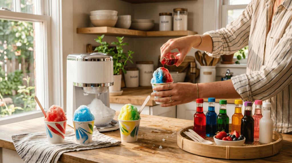 Lifestyle scene of a home ice treat station on a kitchen counter, featuring colorful syrup bottles on a tray, two snow cones in paper cups, and a compact tabletop ice machine. Warm afternoon light and visible hands create a casual, inviting editorial atmosphere.
