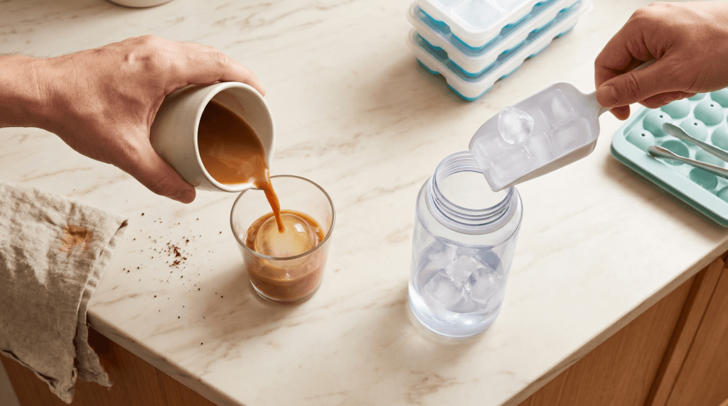A top-down view of hands preparing iced coffee and filling a water bottle with ice on a marble countertop, featuring a large sphere ice mold and standard ice trays.