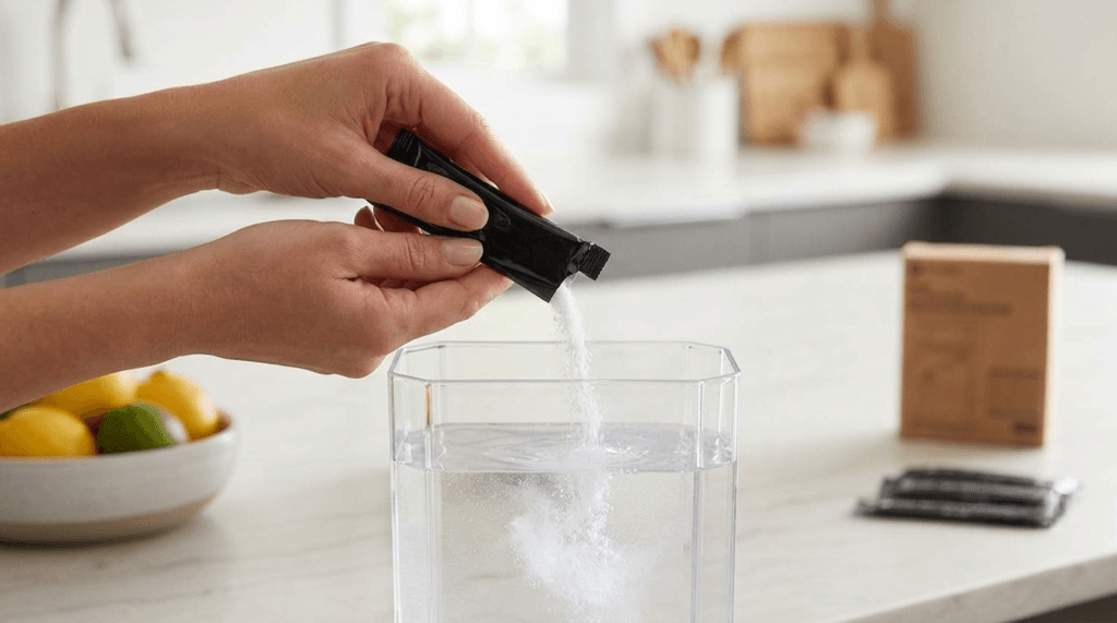 Hands pouring descaling powder into water reservoir, demonstrating the simple mixing process