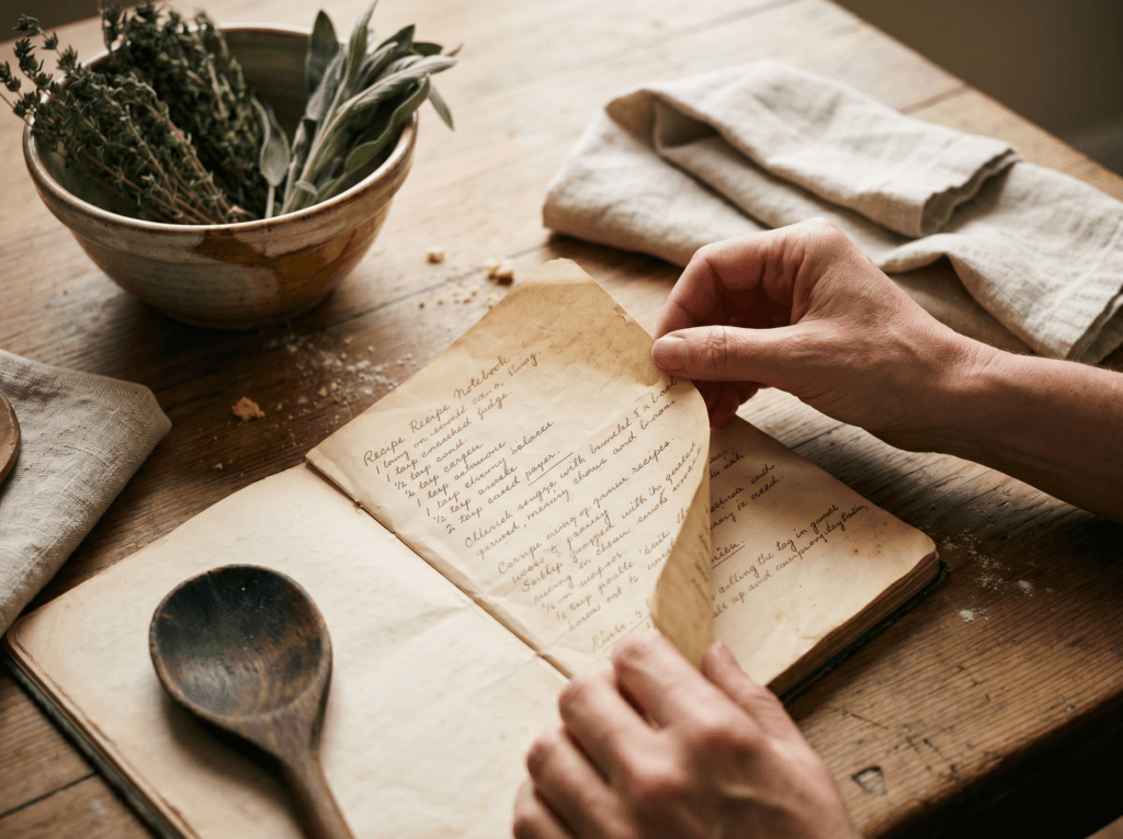 Close-up of hands gently turning the page of an old recipe notebook on a wooden kitchen table. A ceramic bowl of dried herbs, a folded linen cloth, soft crumbs, and a worn wooden spoon surround the scene, illuminated by warm afternoon light.