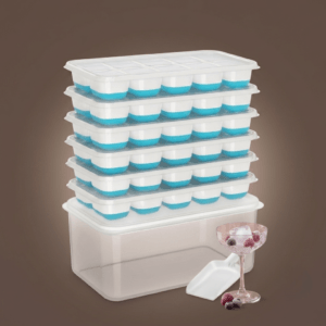 DOQAUS 4-pack silicone ice cube trays with lids and storage bin on a kitchen counter