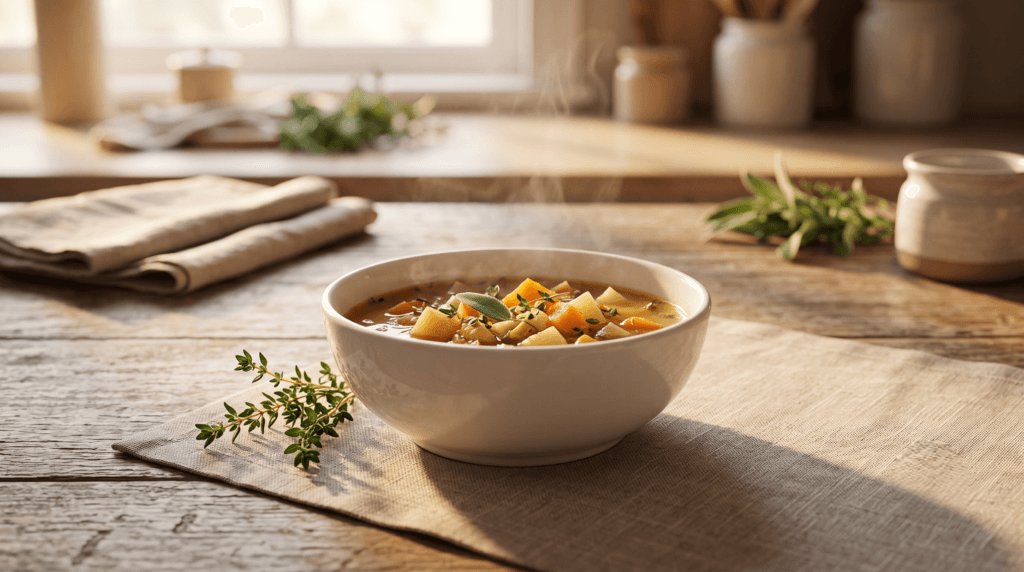 ceramic bowl of homemade vegetable soup on a rustic table — stress relief through cooking in a warm, unhurried afternoon kitchen