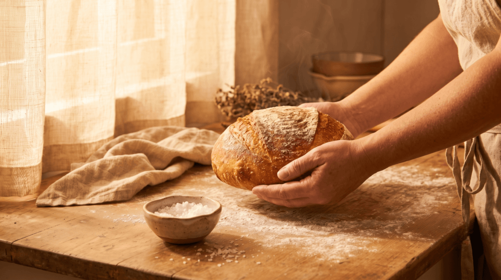 Hands cradling a freshly baked flour-dusted loaf — the healing power of baking made tangible in a warm, imperfect home kitchen